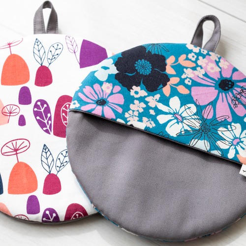 丸型・鍋敷き（鍋つかみ兼用）／北欧調ボタニカル柄、格子柄、まだら  