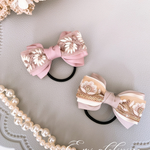 No.36リボンヘアゴム☆ ゴールドハートライン☆ベージュ