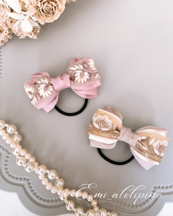 刺繍リボン ヘアゴム リボンヘアゴム 大人可愛い エレガント おしゃれ