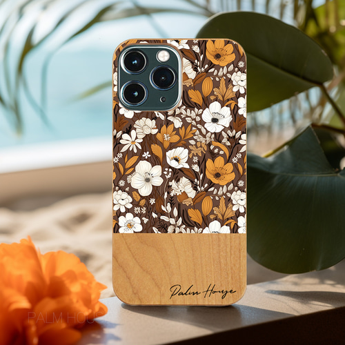 天然木♡名入れ♪BROWN WILD FLOWER WOOD iPhoneケース 花柄 ブラウン
