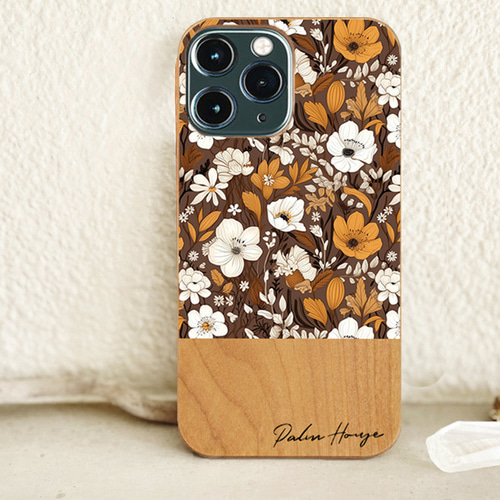 天然木♡名入れ♪BROWN WILD FLOWER WOOD iPhoneケース 花柄 ブラウン