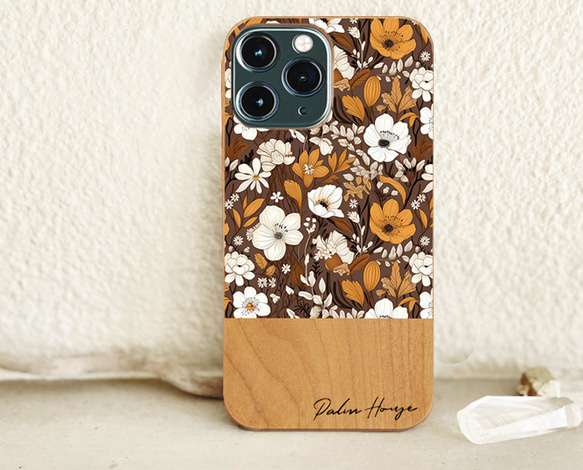 天然木♡名入れ♪BROWN WILD FLOWER WOOD iPhoneケース 花柄 ブラウン