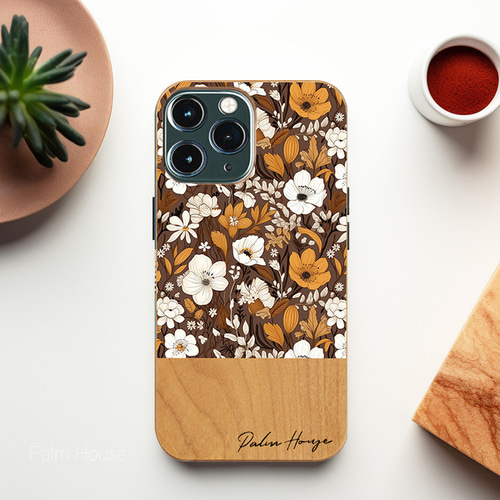 天然木♡名入れ♪BROWN WILD FLOWER WOOD iPhoneケース 花柄 ブラウン