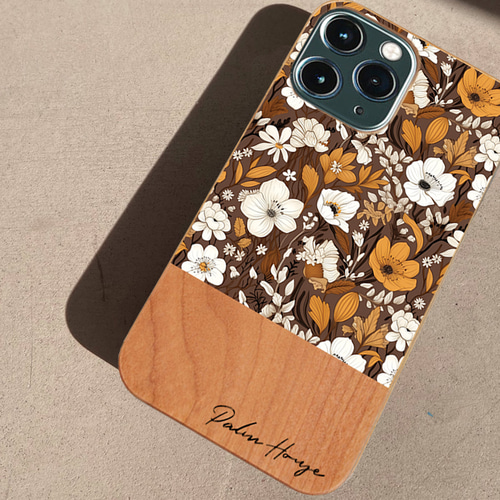 天然木♡名入れ♪BROWN WILD FLOWER WOOD iPhoneケース 花柄 ブラウン