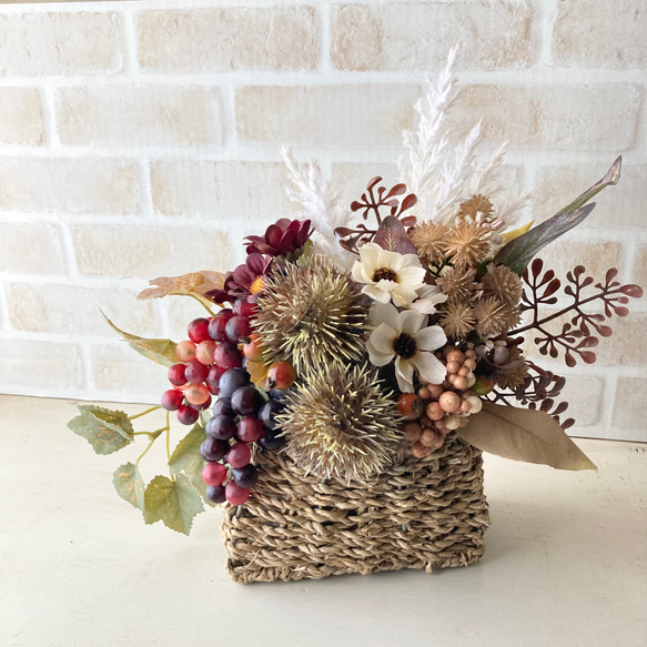 実りの秋 かごバッグ 卓上＆壁掛け両用 アーティフィシャルフラワー  