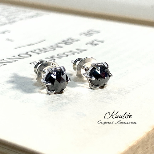 Silver925〉ブラックダイヤモンド ローズカット ベルキャッチ 6本爪  