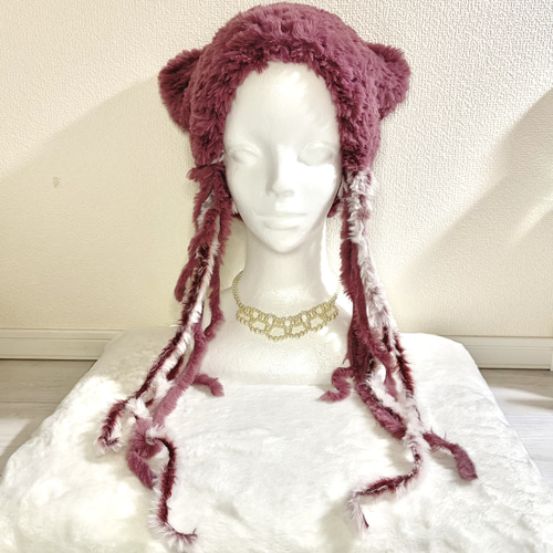 handmade♡ふわふわのタオルヤーン猫耳ニット帽ベージュ 1点