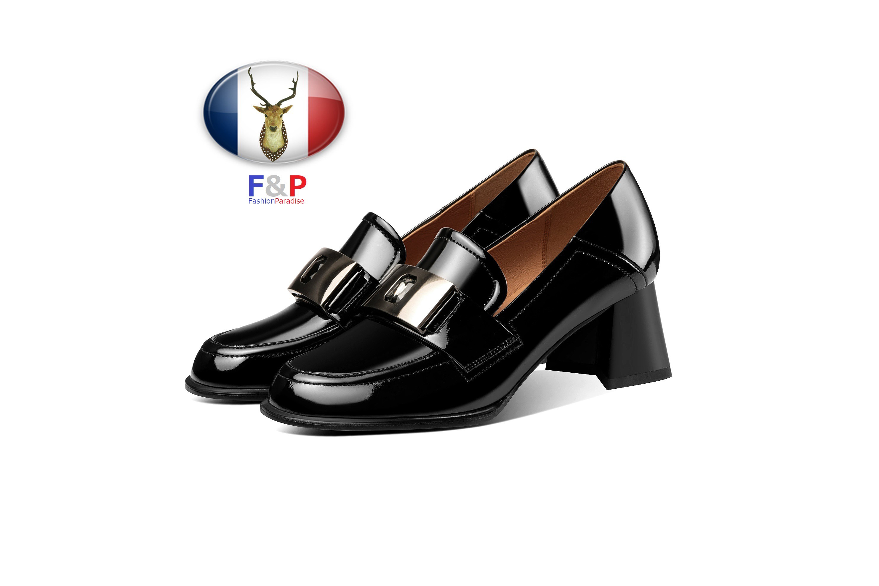 ラウンドトゥエナメルハラコレザーフロントメタリックバックルビッグ宝石付きシューズパンプス全2色