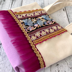 推しカラーpurple！モダンな花モチーフのインド刺繍リボントートバッグ 17枚目の画像