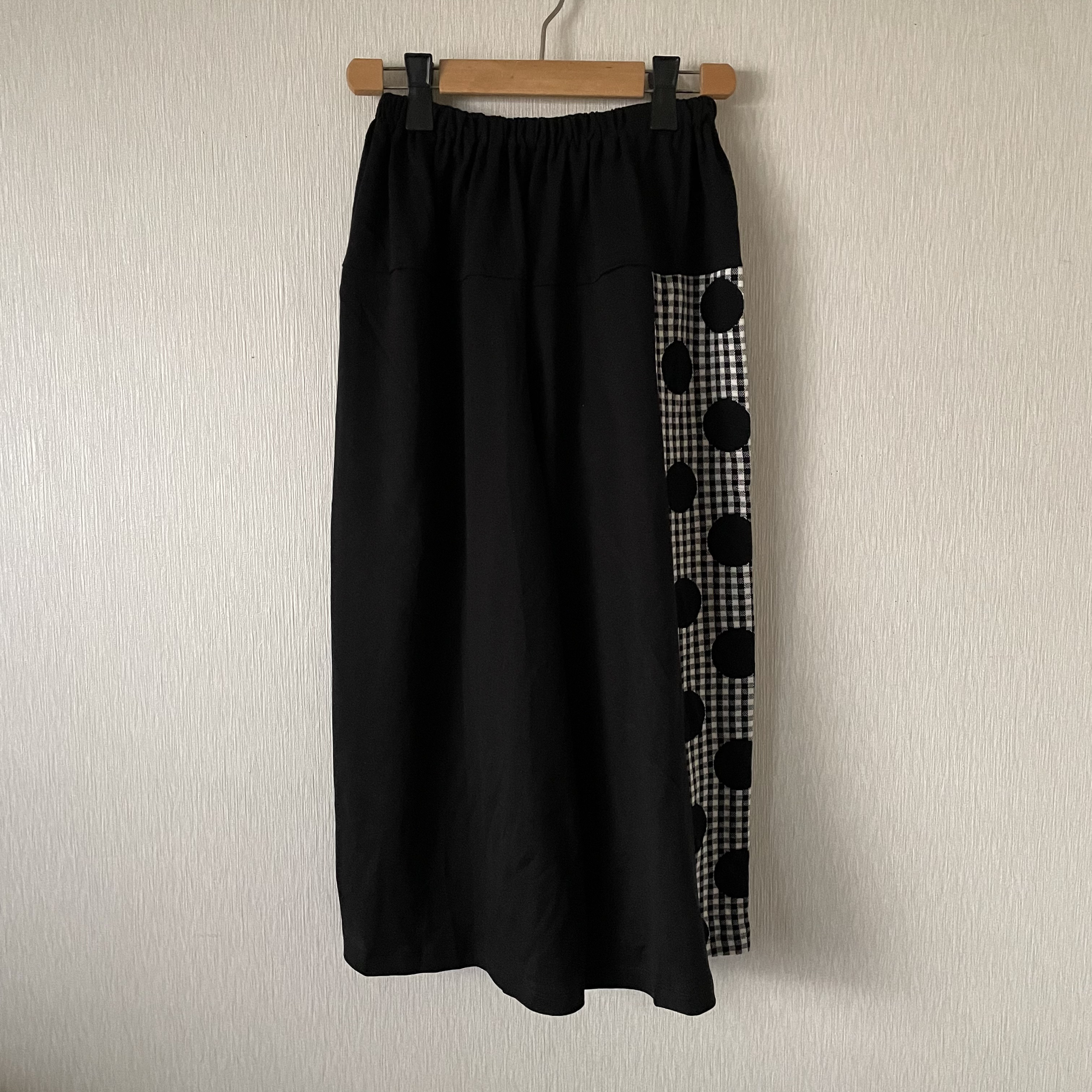 水玉チェック切替サルエルパンツ　黒×黒白ドットF