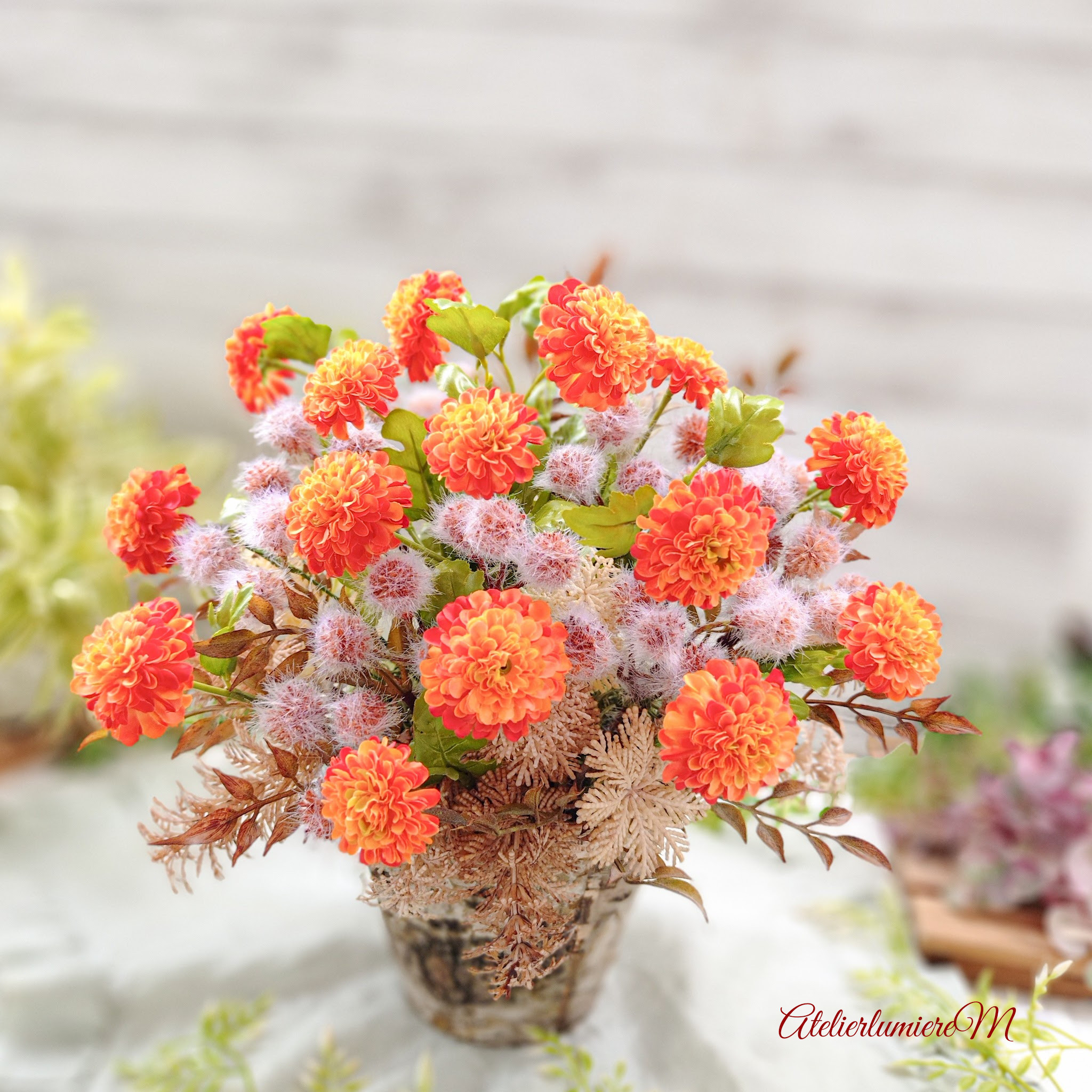 マリーゴールドの心温まる鉢植えアレンジメント♡可愛い♡穏やか♡優しさ♡癒し♡心温まる作品♡1点物♡