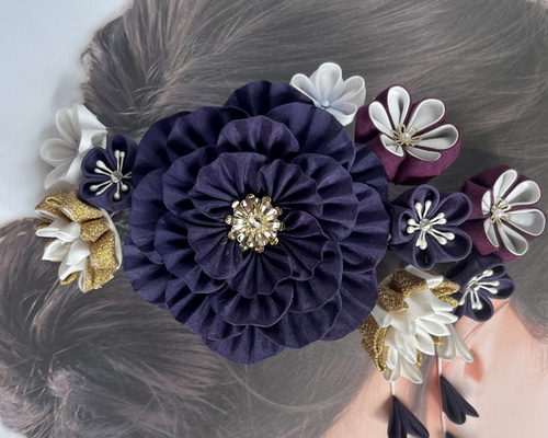 在庫整理セール 絹の大きな紫牡丹の髪飾り 七五三 成人式 かんざし