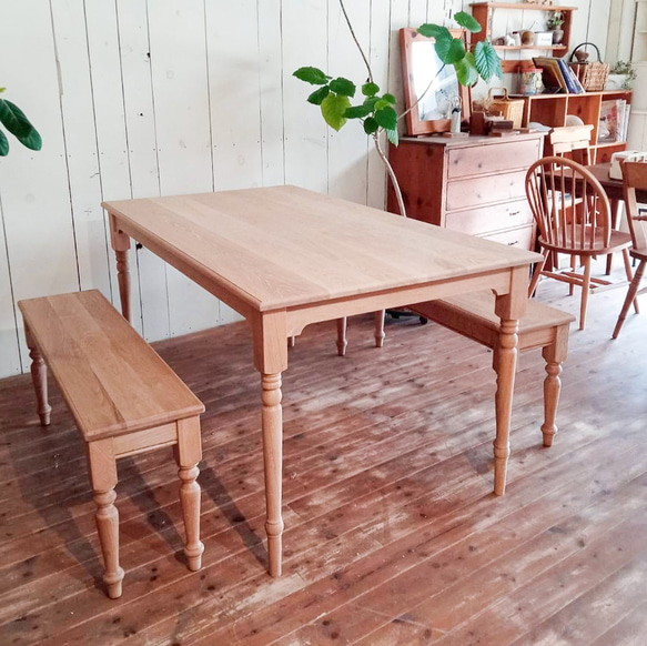 ホワイトオーク無垢材 ターンドレッグベンチ ろくろ足アンティークベンチ オーダーメイド家具 エイジング仕上げ オールド 