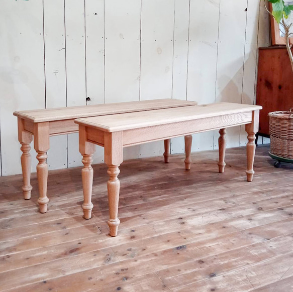 ホワイトオーク無垢材 ターンドレッグベンチ ろくろ足アンティークベンチ オーダーメイド家具 エイジング仕上げ オールド 