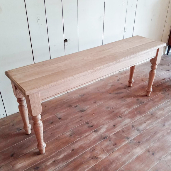 ホワイトオーク無垢材 ターンドレッグベンチ ろくろ足アンティークベンチ オーダーメイド家具 エイジング仕上げ オールド 