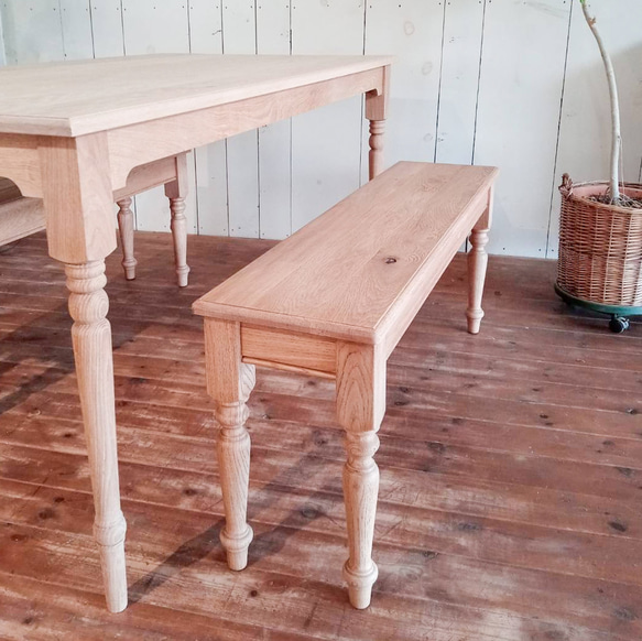 ホワイトオーク無垢材 ターンドレッグベンチ ろくろ足アンティークベンチ オーダーメイド家具 エイジング仕上げ オールド 