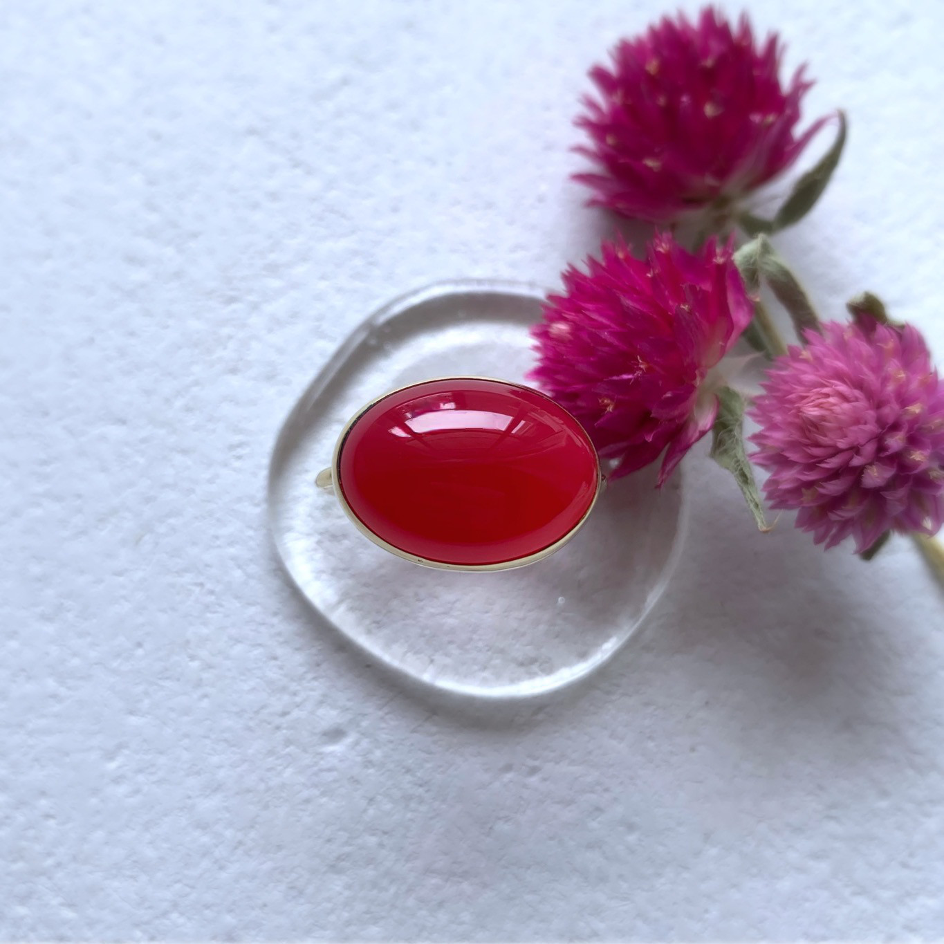 【受注制作】大粒　フューシャピンクカルセドニー　リング（真鍮・シルバー）