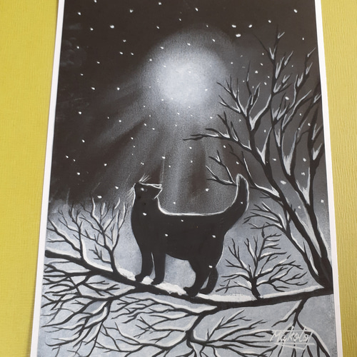 原画#3350 女性画 黒猫 水彩画 ドローイング インテリア アート