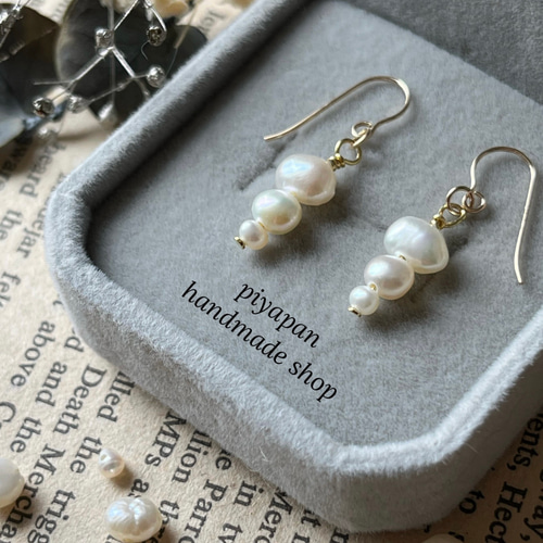大小つぶつぶ淡水パール✨ フックピアス 14kgf ピアス（フック