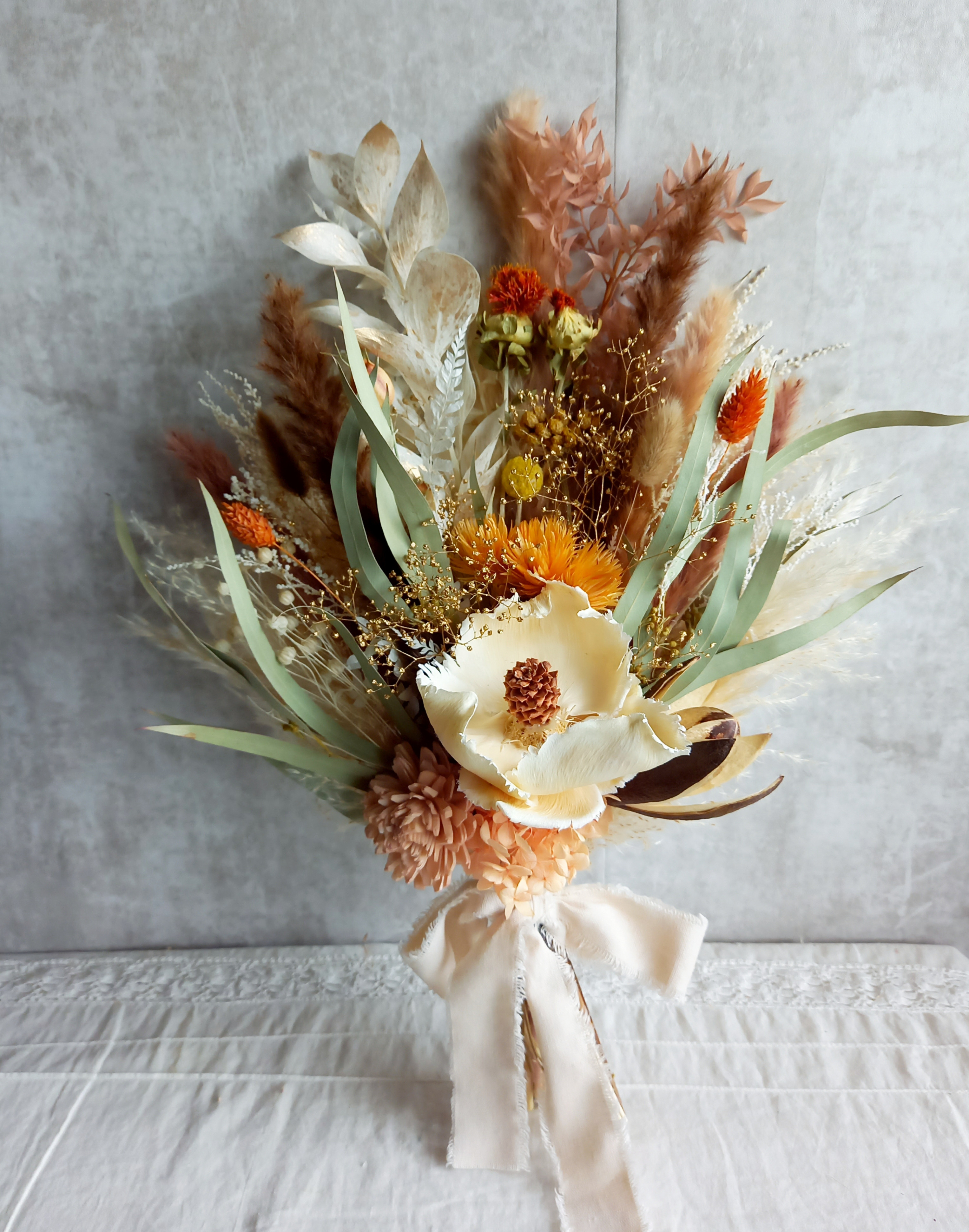 『再再再販』パームフラワーのオレンジブラウン  スワッグ✿ブーケ　プリザーブドフラワー　ドライフラワー　ウェディング