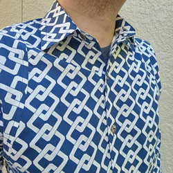 長袖和柄シャツ（吉原つなぎ）青白 4枚目の画像