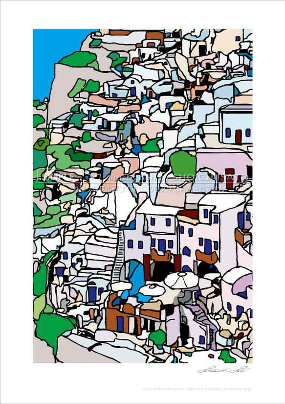 ギリシャのイラストポスター「Pastel town」　A4サイズ 1枚目の画像