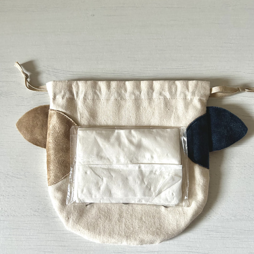 三毛猫ハンドメイド丸い巾着ベージュ