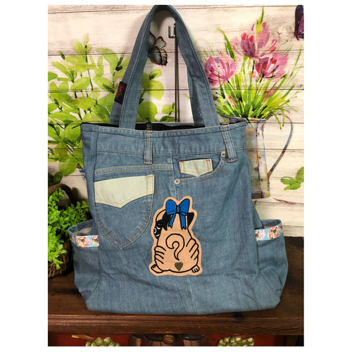 デニム パグちゃん刺繍 2way トートバッグ ショルダーバッグ デニム パグちゃん刺繍 2way トートバッグ ショルダーバッグ