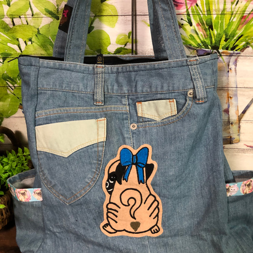 デニム パグちゃん刺繍 2way トートバッグ ショルダーバッグ デニム パグちゃん刺繍 2way トートバッグ ショルダーバッグ