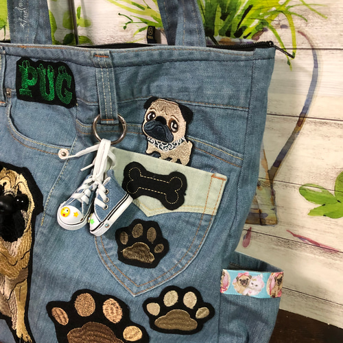 デニム パグちゃん刺繍 2way トートバッグ ショルダーバッグ デニム パグちゃん刺繍 2way トートバッグ ショルダーバッグ