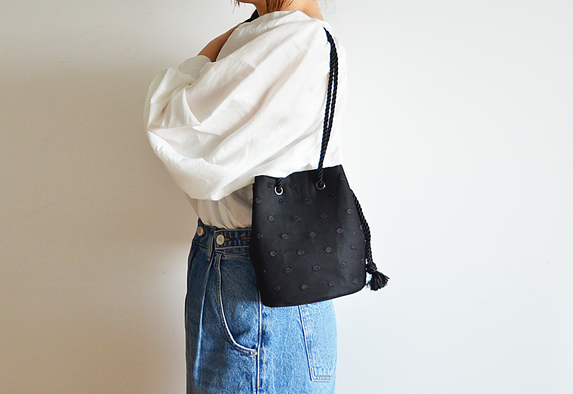 最後の1点！2wayシアードット "ブラック"ポシェットマリンバッグ　チュール刺繡の透け感のミックス