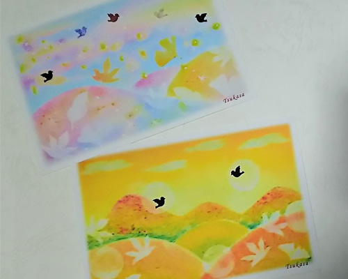 秋の紅葉景色2種の絵葉書 パステルアート・ポストカード2枚セット
