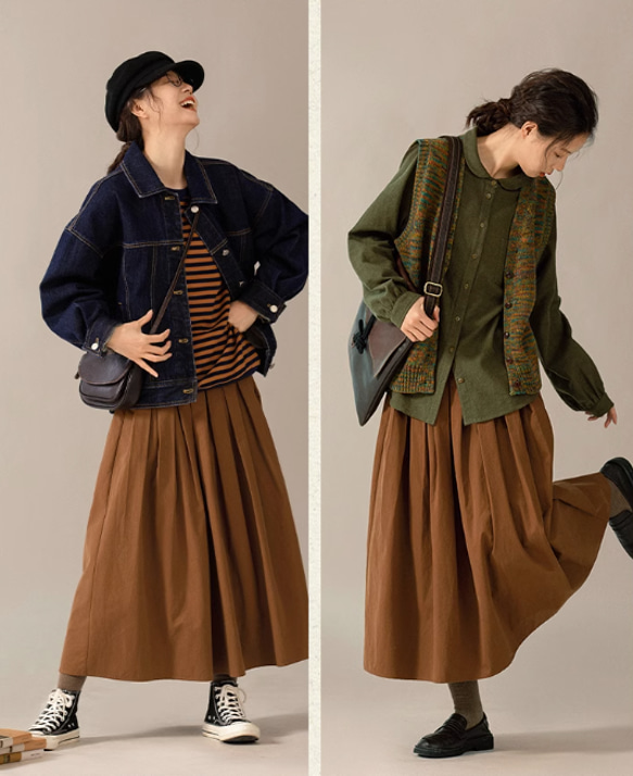 秋冬のロングスカート　ギャザースカート  裏地付き　コットン100％ 14枚目の画像