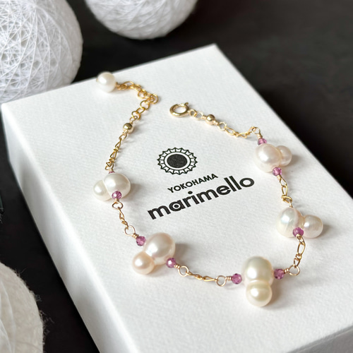 みっちゃん◇レクタングルモスアクアマリン×淡水パールブレスレット