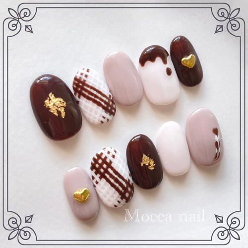 ネイルチップ オーダー チョコレート 3d ぷっくりハート ブラウン 3d 白 ネイルチップ オーダー チョコレート 3d ぷっくりハート ブラウン 3d