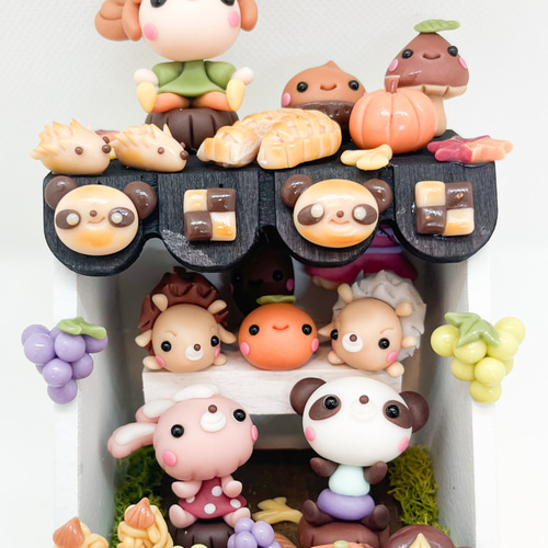 秋のお店BOX パンダ ハリネズミ うさぎ ミニチュア 樹脂粘土 粘土細工