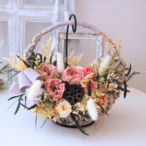 プリザーブドフラワーのバッグリース（くすみカラー／1点もの