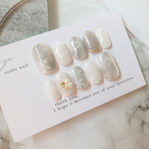 ネイルチップ No.54 サイズオーダー 大人 ニュアンス 手描き 雪 雪の  