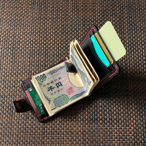 【黑染油】寬85mm扁錢夾4個卡袋+多口袋鈔票剪刀MC-110bk 第2張的照片