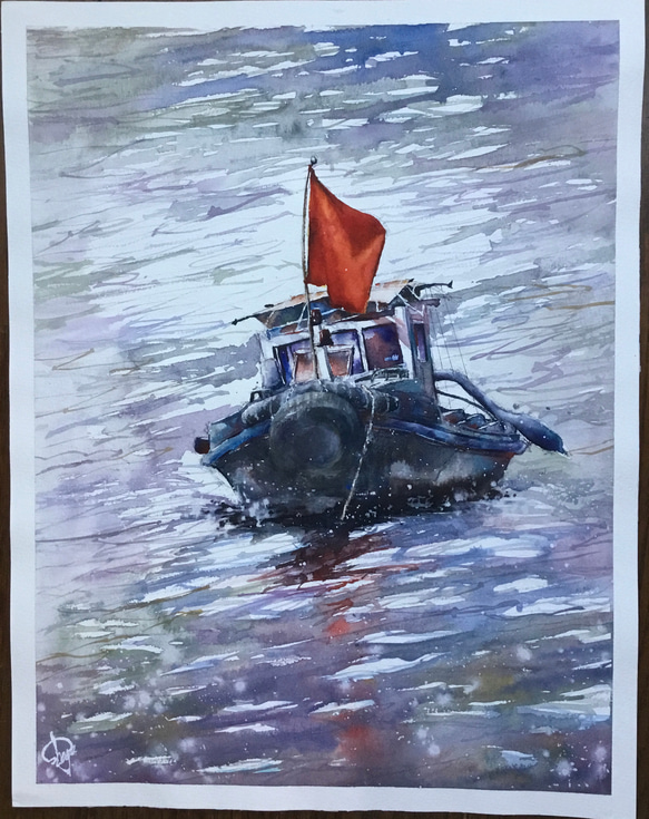 警戒船　水彩画　手描き　原画　船　海　 1枚目の画像