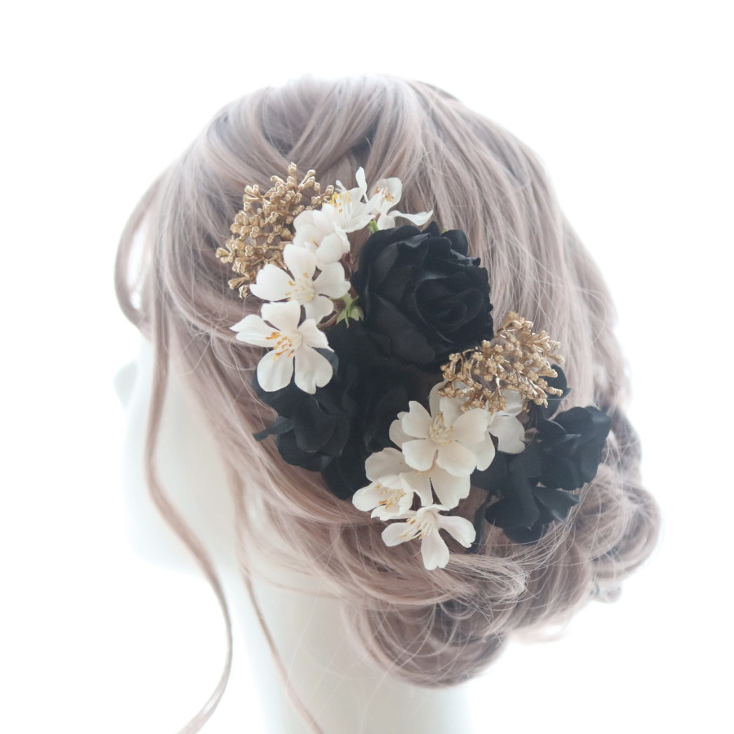 ヘッドドレス　髪飾り　和婚　桜　黒　ブラック　ゴールド　金　結婚式　成人式　卒業式　ブライダル　ヘアアクセサリー
