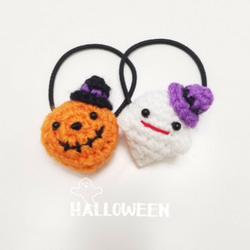 Halloweenヘアゴム　かぼちゃ＆おばけ　紫帽子 1枚目の画像