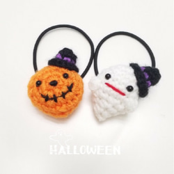 Halloweenヘアゴム　カボチャ＆おばけ　黒✕紫帽子 1枚目の画像