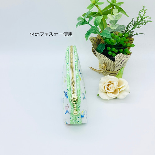 再販】横長ポーチ☆かわいいインコ&ドット柄（グリーン） ポーチ