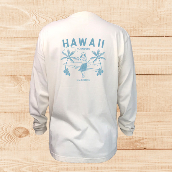 ハワイアンデザインロンT 長袖Tシャツ ナチュラルロング袖Tシャツ フラガールとヤシの木ビーチ フラダンスのイラスト 1枚目の画像