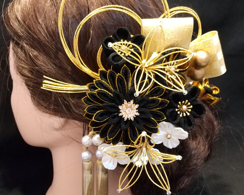 つまみ細工髪飾り 成人式 B87 白金　オプション 水引 金箔 白金＊つまみ細工 髪飾り 成人式 結婚式 ヘアピン はなふる 通販