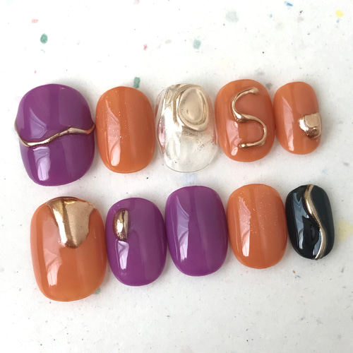 ハロウィンネイル ネイルチップ オレンジパープルブラック ミラー
