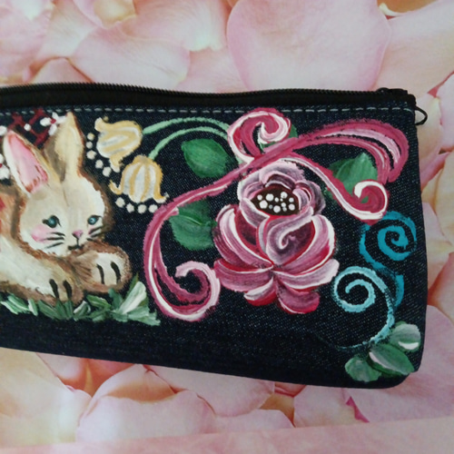 デニムペンケース トールペイント ウサギ 手書き ハンドメイド 赤薔薇