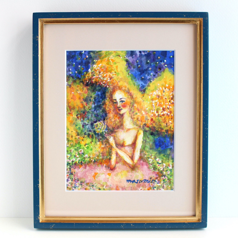 「祈り」水彩画 原画 額付き F0 天使の絵 Angel