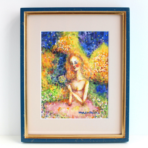 祈り」水彩画 原画 額付き F0 天使の絵 Angel